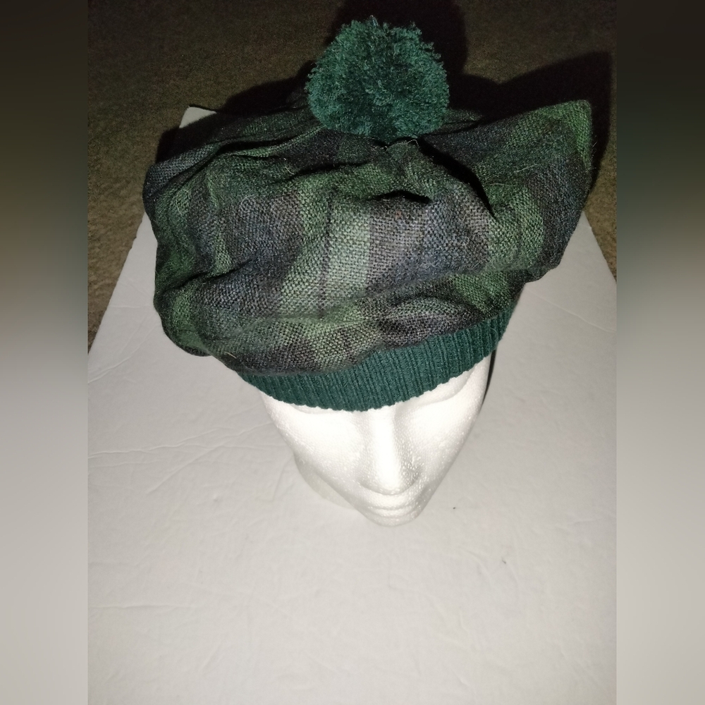 Green Tartan Plaid Ribbed Trim Interior Lining Scottish Tammy Hat w Pom Pom